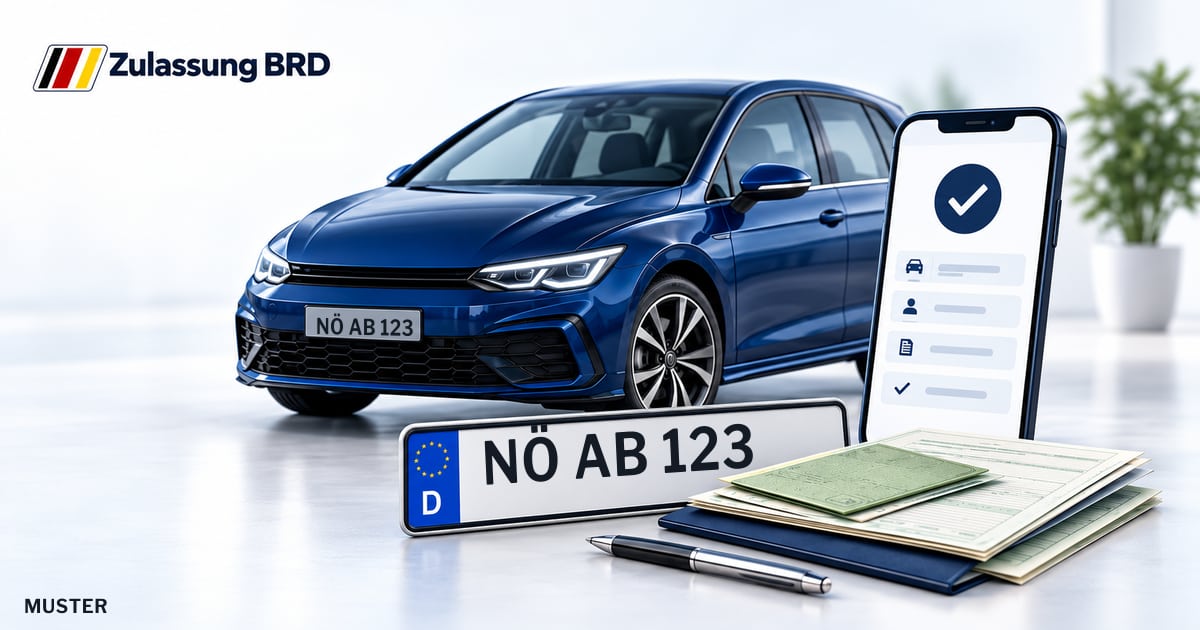 Online Fahrzeugzulassung in Nördlingen: Musterkennzeichen NÖ AB 123, Auto und Fahrzeugpapiere und Smartphone. Illustration mit Logo von Zulassung BRD.